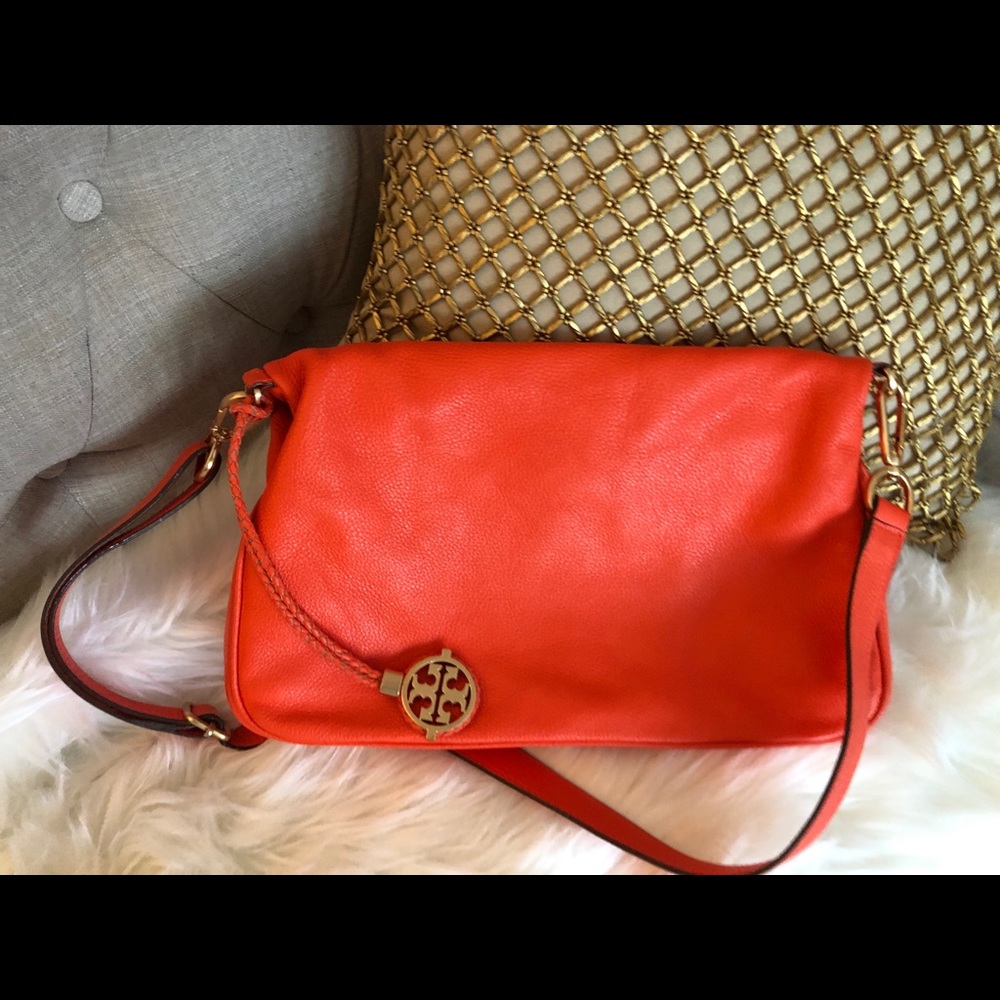 One Day Sale Tory Burch Vibrant Orange Pebbled Leather Crossbody - Picture 8 of 8